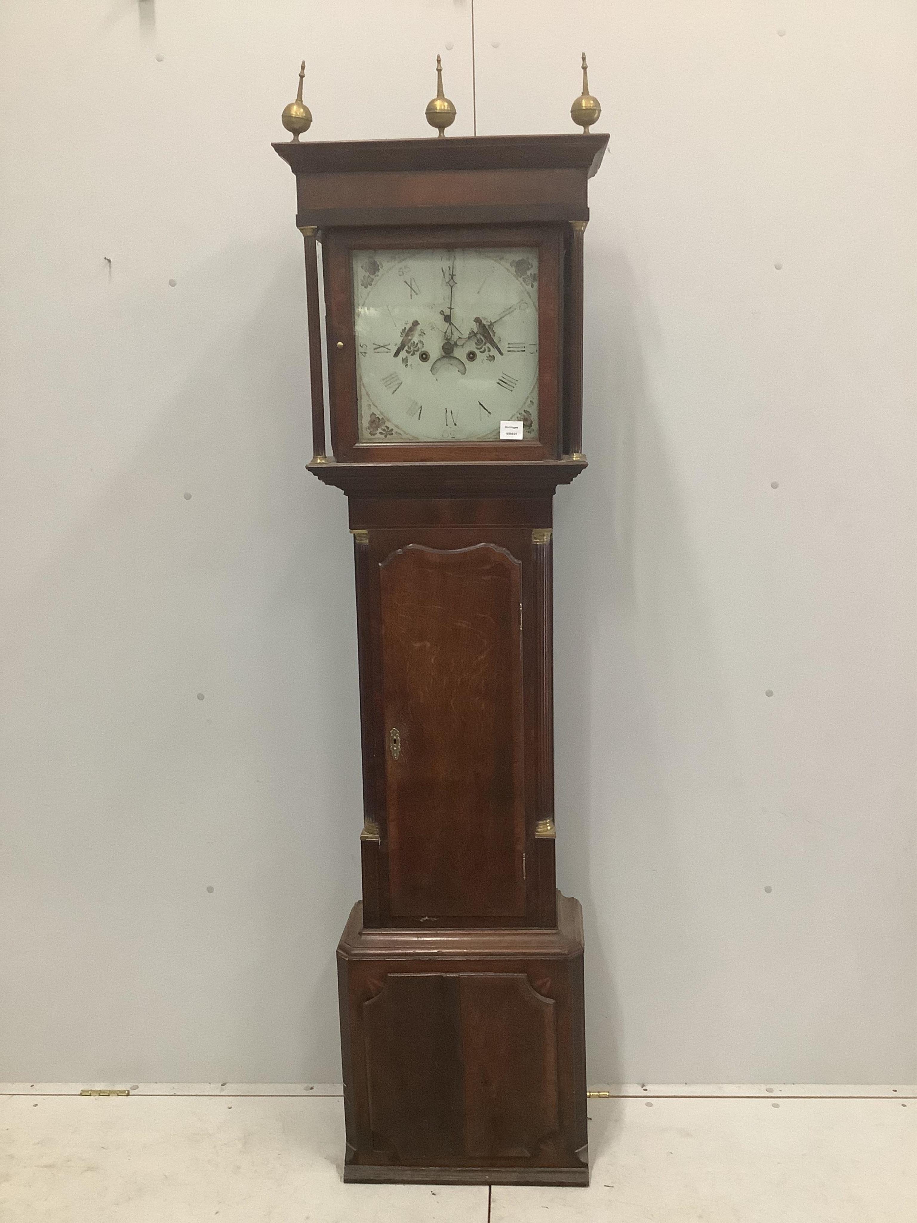 An early 19th century oak and mahogany banded eight day longcase clock, height 206cm. Condition - poor to fair